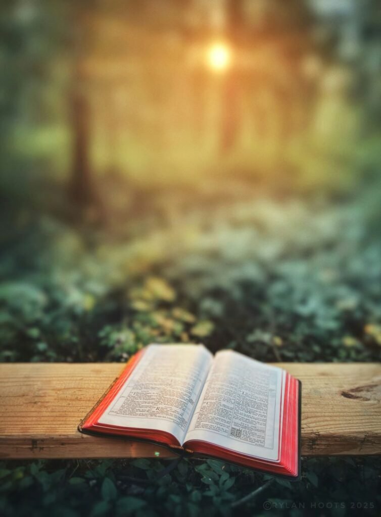 A book placed on a bench and pure light coming from far giving a blessed feeling