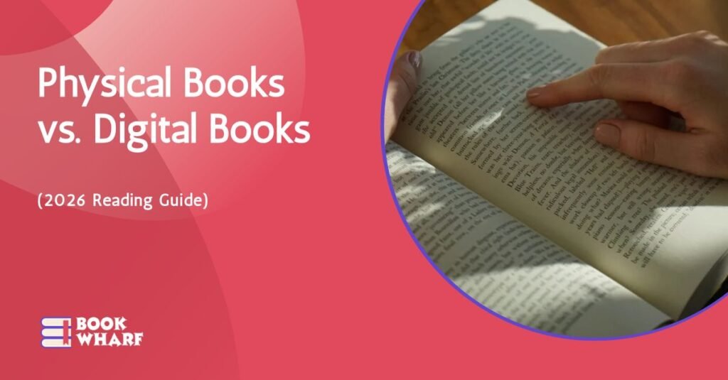 Physical books vs digital books comparison guide 2026 — open paperback book being read by hand, featured image for Bookwharf online bookstore blog