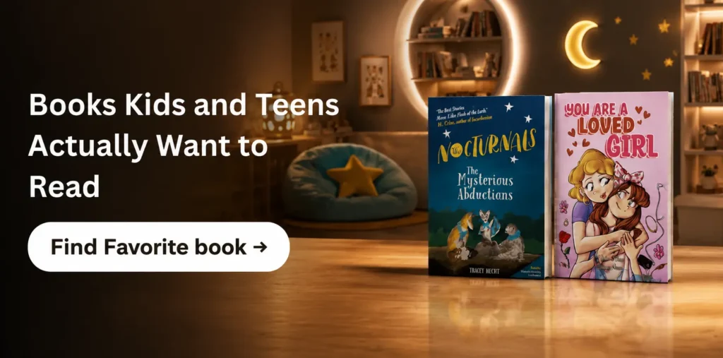 Children's and young adult books on display — The Nocturnals: The Mysterious Abductions by Tracey Hecht, The Great Train Journey by Ruskin Bond, The First Four Years by Laura Ingalls Wilder, Bungo Stray Dogs manga by Kafka Asagiri, and You Are a Loved Girl, shown on a shelf in a cozy moonlit reading nook