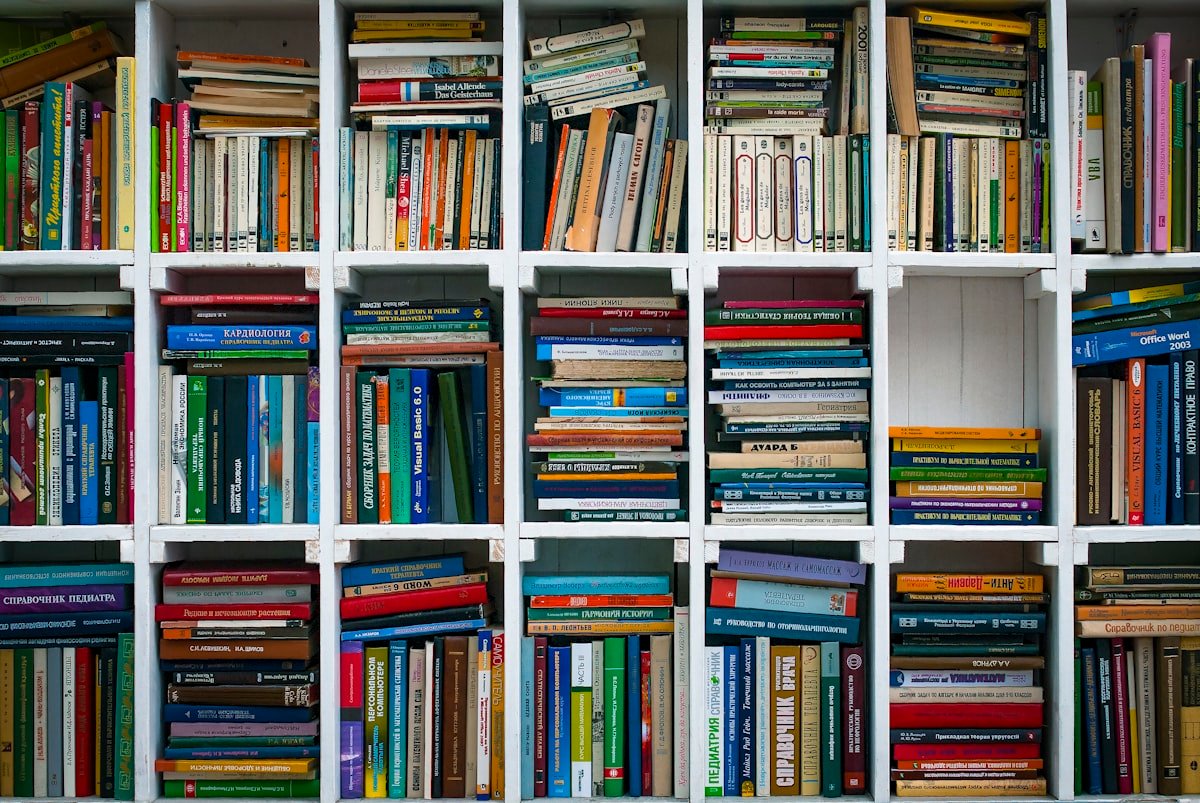 Assorted hardcover books on a wooden shelf