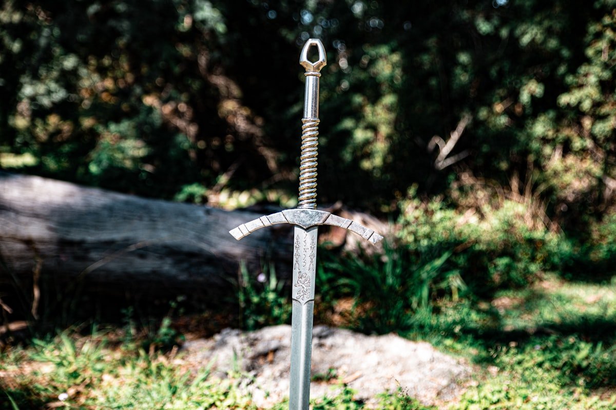 A sword resting in tall grass