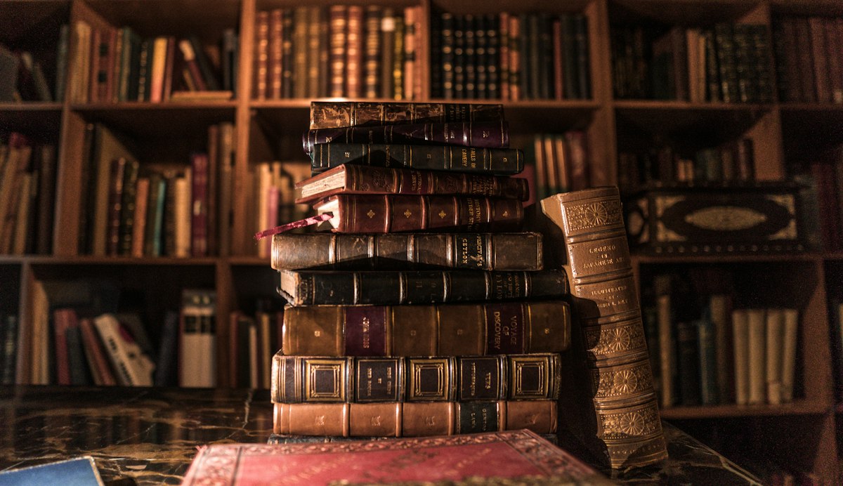 Piled books on a brown wooden shelf