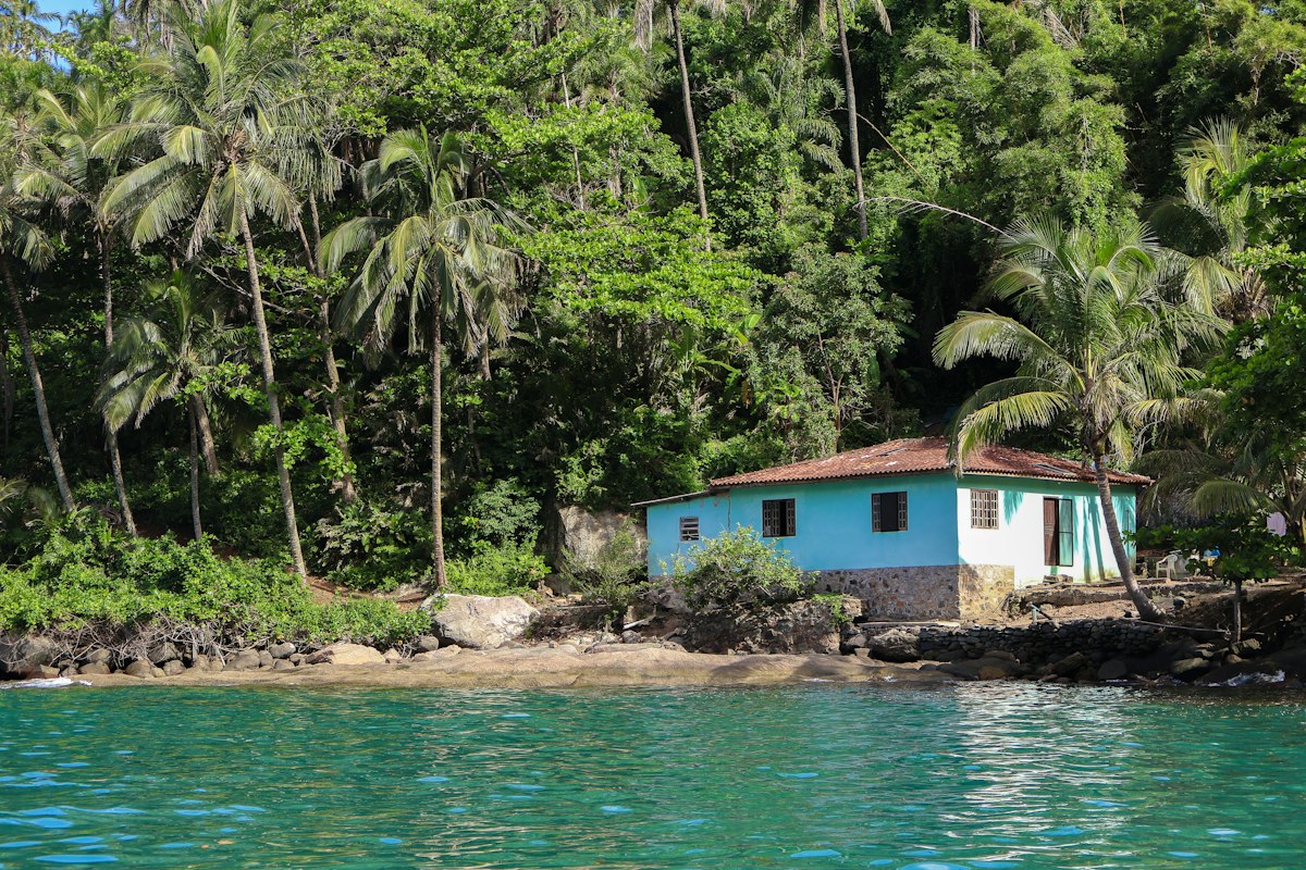 A blue house on a tropical beach with palm trees