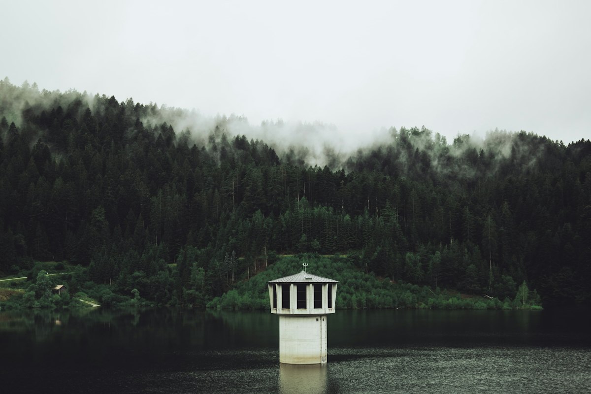 Concrete tower in a misty lake surrounded by forest